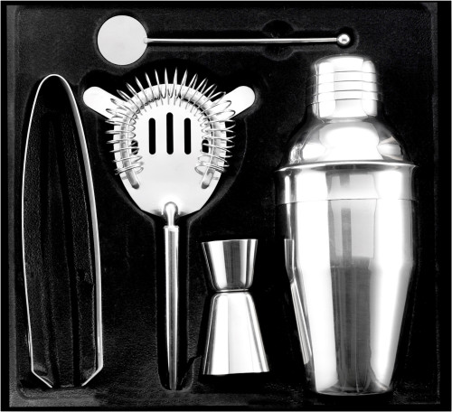 Cocktailshaker-Set aus Edelstahl, 5-tlg., bestehend aus Shaker (ca. 350 ml), Löffel, Zange, Sieb und Messbecher. - Bild vergrößern