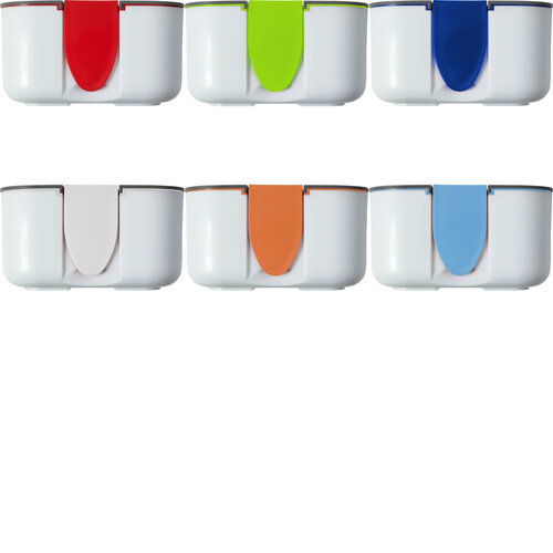 Brotdose (ca. 850 ml) aus Silikon und Kunststoff, trennbares Innenfach, mit farbigen Applikationen. Der Deckel kann als Handyhalter benutzt werden. - Bild vergrößern